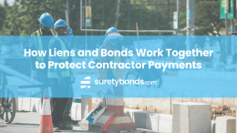 Image of construction crew working on side of street. How liens and bonds work together to protect contractor payments. SuretyBonds.com Logo