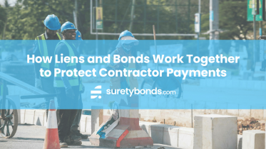 Image of construction crew working on side of street. How liens and bonds work together to protect contractor payments. SuretyBonds.com Logo